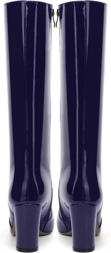 Vista 74 de AMBELIGHT Botas altas hasta la rodilla con cremallera y puntera puntiaguda para mujer, de patente sólida, tacón alto, 3.3 pulgadas