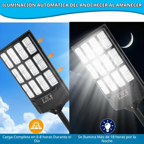 Vista 3 de Farolas solares impermeables para exteriores, 38000 lúmenes, luz de inundación solar gran angular, luz de estacionamiento LED con sensor