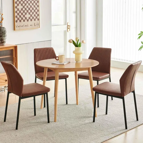 Vista 24 de Juego de mesa de comedor para 4, mesa de comedor rectangular irregular de madera moderna, sillas de comedor de cuero, 4 mesas y sillas, juego de 4