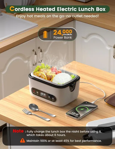 Vista 4 de Fiambrera eléctrica inalámbrica, 1.2 L, alimentada por batería, 100 W, 24000 mAh, recargable, portátil, calentador de alimentos autocalentable