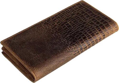 Vista 2 de Cartera larga para hombre, doble pliegue, piel de vaca de grano superior, estampado de cocodrilo, múltiples ranuras para tarjetas., Marrón, Vogue