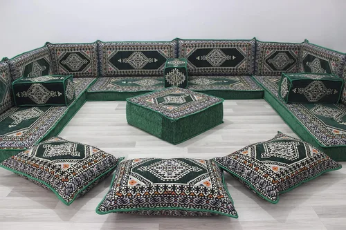 Vista 2 de arabicsofa Juego en forma de U, árabe Majlis, sofás de sala de estar en forma de U, sofá de suelo, sofás de piso de interior, cojines de suelo