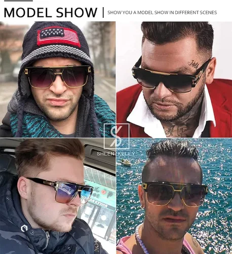Vista 3 de SHEEN KELLY Gafas de sol piloto de gran tamaño retro con marco de metal para hombres y mujeres, gafas cuadradas semi sin montura