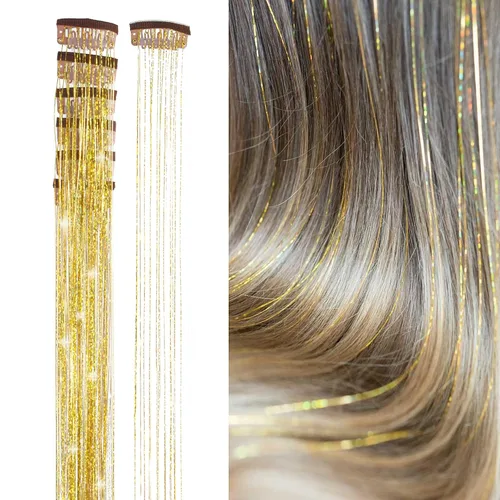 Vista 18 de Extensiones de oropel para el cabello con clip Bronce con reflejos para el cabello 52 cm 6 piezas, cabello de hada multicolor, oropel sintético