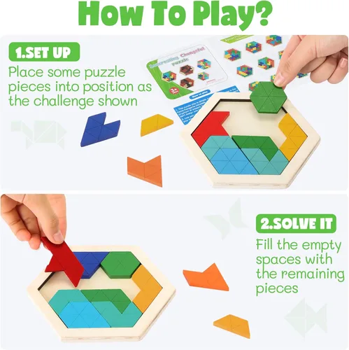 Vista 6 de Yunsailing Paquete de 3 rompecabezas grandes de madera hexagonal Tangram rompecabezas de madera rusa para adultos desafío teasers geométrico, lógica