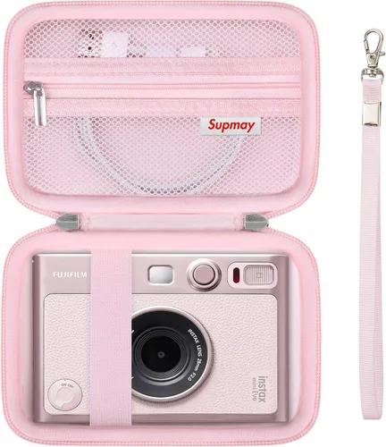Vista 12 de Funda de transporte compatible con cámara instantánea Fujifilm Instax Mini EVO, bolsa de viaje con bolsillo de malla para fotos, cables USB Negro