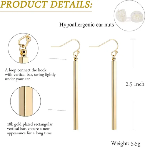 Vista 3 de Aretes largos de oro de 18 quilates con barra vertical, aretes de barra circular, joyería geométrica para mujeres y niñas