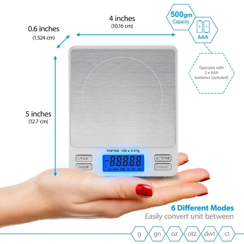Vista 4 de Báscula Digital Pro de Bolsillo Smart Weigh 500g x 0.01g – 6 Unidades: g, oz, gn, ozt, DWT, ct – Alta Precisión para Cocina, Hierbas y Joyería
