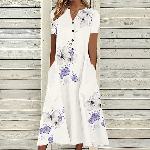 Vista 2 de Vestido largo de manga corta con cuello en V y estampado de mariposas para mujer
