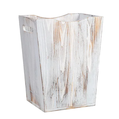 Vista 4 de Papelera rústica de madera estilo granja con dos asas recortadas para dormitorio, sala de estar, baño y oficina, contenedor de basura (blanco lavado)