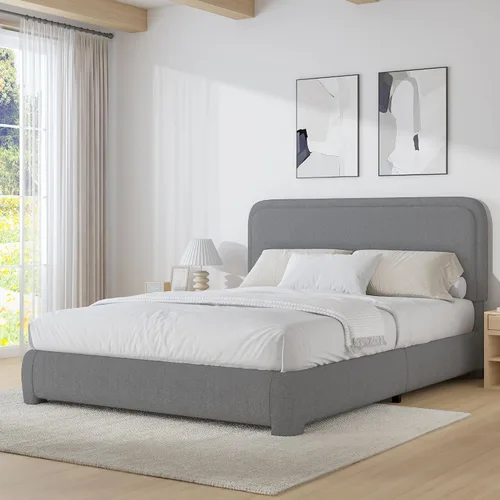 Vista 34 de BarnFurin Base de cama individual con cabecero, cama de plataforma tapizada Cloud Boucle, esquinas redondeadas suaves, no necesita somier, Beige