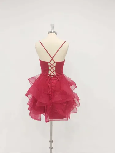 Vista 2 de ZSHAOLHYJYZS Vestidos escalonados de regreso a casa 2025 con cuello en V y purpurina de tul con tirantes delgados, vestidos cortos de graduación