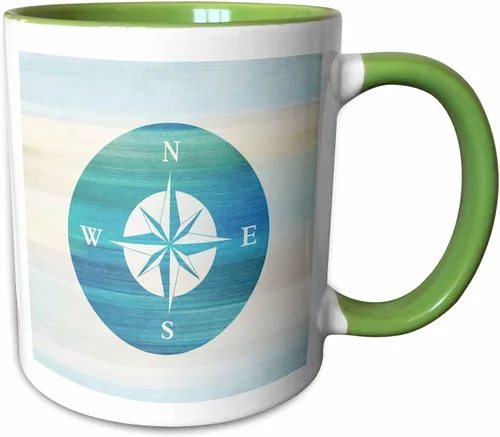 Vista 11 de 3dRose (mug_152107_4) Aqua Nautical Compass Beach Theme Art - Taza negra de dos tonos, 11 oz