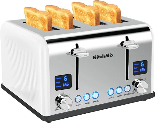 Vista 13 de Tostadora de 4 rebanadas, tostador de panecillos de acero inoxidable KitchMix con temporizador LCD, ranuras extra anchas, pantalla dual, bandeja