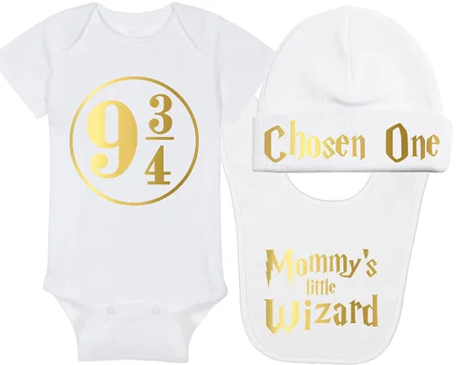 Vista 15 de Sombrero de bebé Wizard - Chosen One (tela negra - diseño dorado)