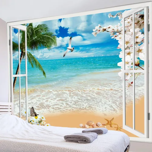 Vista 18 de HVEST Tapiz de playa para colgar en la pared, paisaje tropical azul océano, tapiz natural para dormitorio, palmera verde con cielo azul, nube