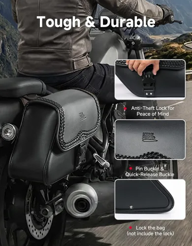 Vista 6 de KEMIMOTO Alforjas para motocicleta, bolsa lateral de cuero sintético con cerradura, 28L, bolsas inclinadas con doble correa impermeable y tachuelas