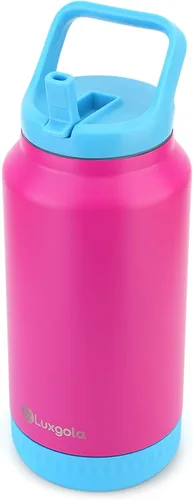 Vista 8 de Botella de agua aislada de 64 onzas, vaso de acero inoxidable al vacío de medio galón con tapa abatible con popote y asa superior, mantiene las Caqui