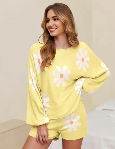 Vista 2 de Ekouaer - Conjunto de pijama de punto para mujer, ropa de descanso, sudadera de manga larga y pantalones a juego, casual, 2 piezas, tallas S-XXL