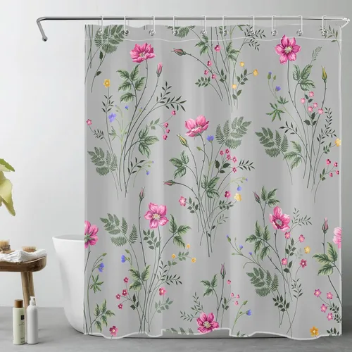 Vista 9 de Cortina de ducha floral rosa para baño, flores silvestres y hojas verdes salvia sobre beige, cortinas de ducha con ganchos, juego de cortinas