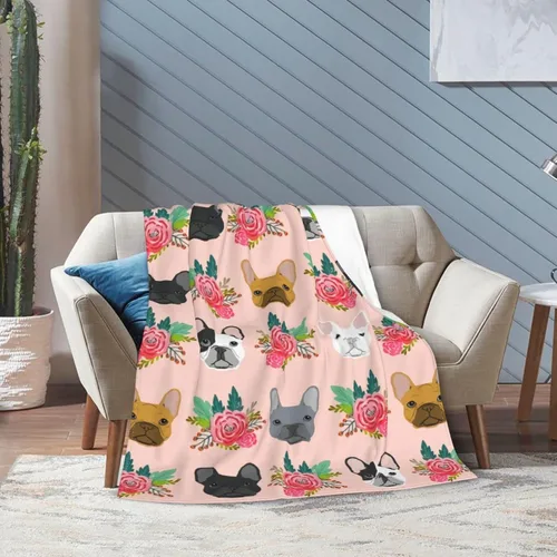 Vista 4 de Bonita manta de bulldog francés con diseño floral, suave y acogedora, manta de franela ligera y cálida de felpa para sofá, camping, oficina, viajes