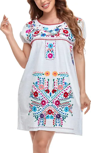 Vista 3 de YZXDORWJ Vestido bordado mexicano de manga corta para mujer