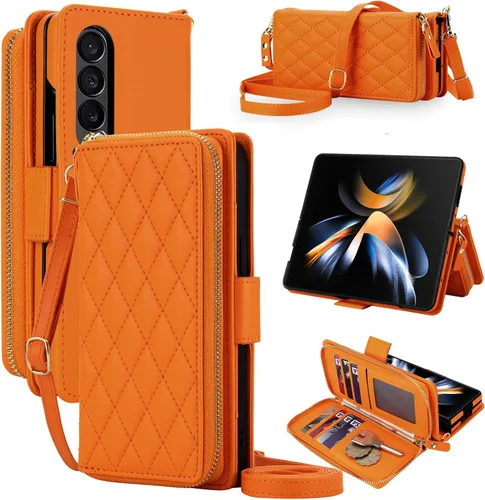 Vista 11 de Compatible con Samsung Galaxy Z Fold 3 5G 2021 - Funda tipo cartera con cremallera y bloqueo RFID, correa para tarjetero, ranuras para tarjetas Rojo