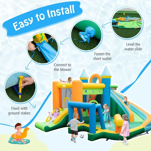 Vista 6 de BOUNTECH Tobogán acuático inflable, castillo de salto de agua 9 en 1 para niños con soplador, toboganes dobles, pelotas oceánicas, puerta de fútbol