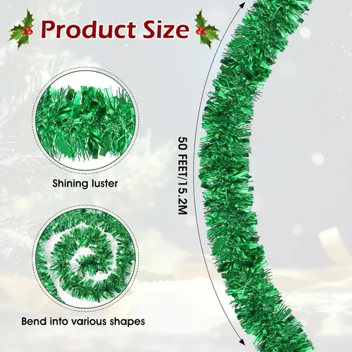 Vista 2 de Guirnalda de oropel de Navidad de 50 pies, guirnalda colgante de oropel metálico de Navidad para árbol de Navidad, decoración de fiestas en Verde