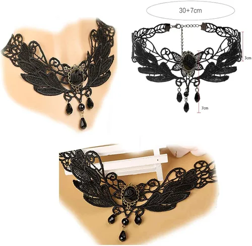 Vista 5 de YienDoo Gargantilla de encaje vintage con patrón de encaje gótico blanco, collar punk con borla y cuentas de perlas, gargantilla de princesa