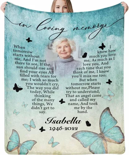 Vista 19 de LOSARON Mantas conmemorativas personalizadas con fotos por pérdida de madre, papá, abuela en el cielo en memoria amorosa de flores rojas, 6 fotos