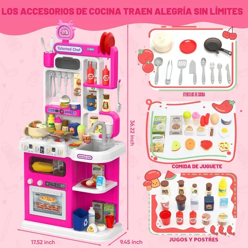 Vista 6 de Juego de cocina para niños, cocina de juego de 36.22 pulgadas para niños pequeños de 1 a 3 años con vapor, sonido y luz, estufa de cocina