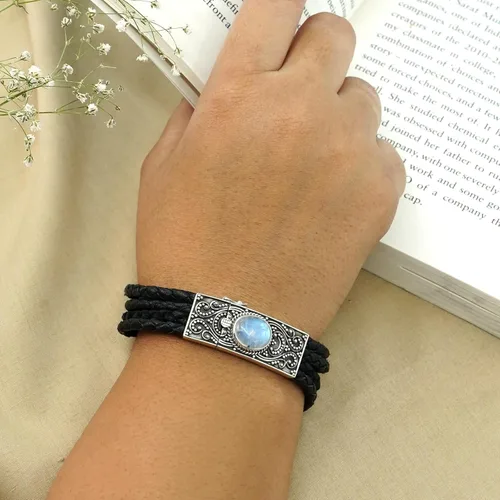 Vista 2 de Pulsera de plata de ley 925 hecha a mano con piedra lunar de fuego azul natural para hombres y mujeres, joyería de moda, Plata Esterlina, piedra