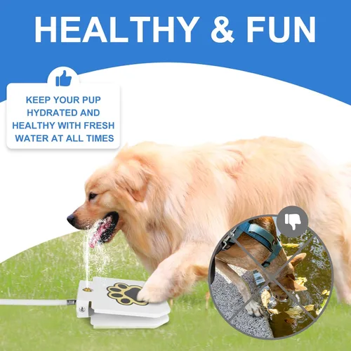 Vista 4 de Fuente de agua para perros, dispensador de mascotas activadas con patas al aire libre, rociador de agua para perros con manguera de 39.4 pulgadas