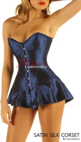 Vista 3 de Leatherotics Corsé hecho a mano con falda para mujer, fajas colombianas para mujer, CRSBLUE, Azul Patchwork
