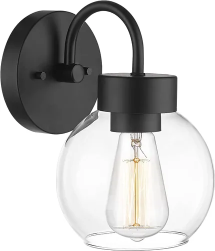 Vista 9 de EAPUDUN WLA1433-MBK - Lámpara de baño de 1 luz negra mate sobre espejo, luces de tocador con 1 globo de vidrio transparente, apliques de pared