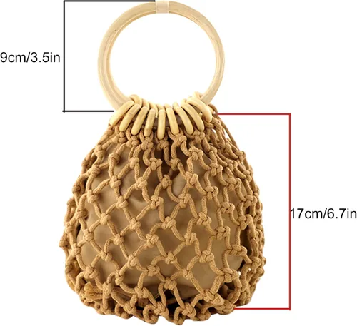 Vista 2 de Ayliss Mini bolso de mano para mujer con asa superior cordón de ajuste tejido a mano bolsa de red de pesca