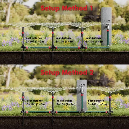 Vista 7 de RESTMO Sistema de Aspersores Sobre el Suelo con Base de Punta Metálica, Kit de Riego Flexible DIY, Aspersor de Césped Multi-Ajustable y Juego