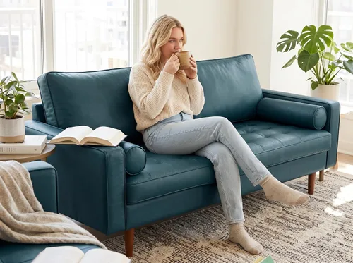 Vista 24 de Container Furniture - Sofá de piel sintética para la sala de estar moderna con cojines extraíbles y patas de madera maciza, sofá estilo lujoso