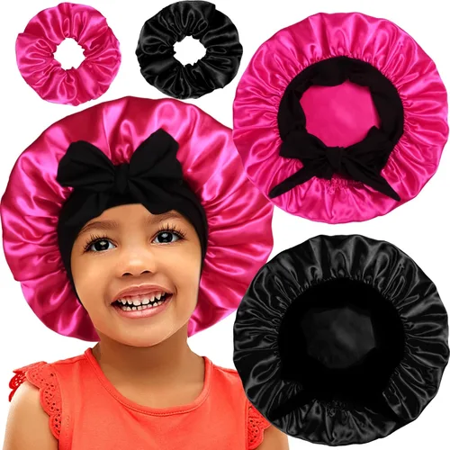 Vista 7 de 2+2 gorros de satén con coleteros para niños, bonitos gorros de pelo para niñas para dormir cabello rizado, A
