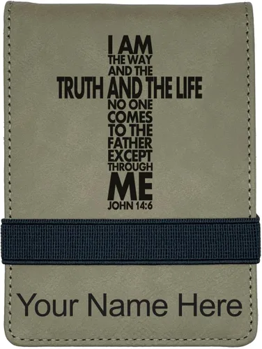 Vista 9 de LaserGram Mini padfolio con bloc de notas y bolígrafo, versículo bíblico John 14-6, grabado personalizado incluido (negro con oro)