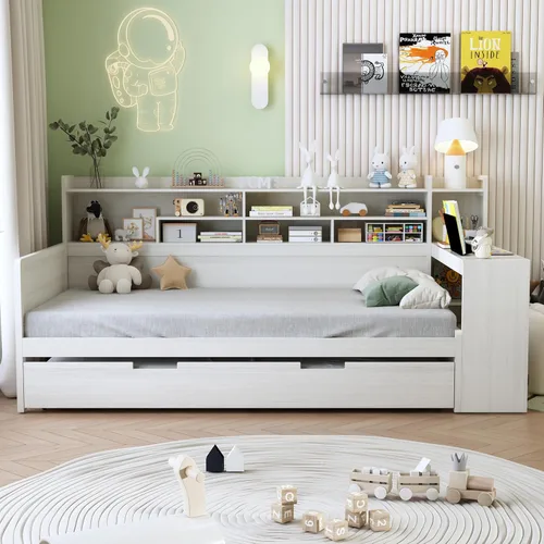 Vista 10 de Sofá cama de madera de tamaño individual con nido y cabecera en forma de L, marco de madera para sofá cama con barandilla rústica y soporte