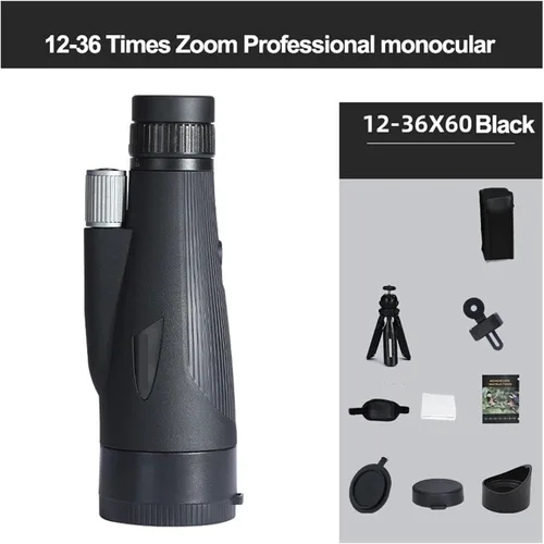 Vista 2 de Telescopio monocular de 12-36 x 60 pulgadas, zoom de largo alcance, con trípode clip para teléfono para observación de aves al aire libre