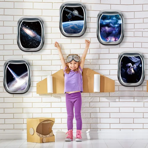 Vista 4 de Blulu 6 calcomanías 3D de pared espaciales, calcomanías de ventana de galaxia para pared, decoración del espacio exterior, cápsula, naves