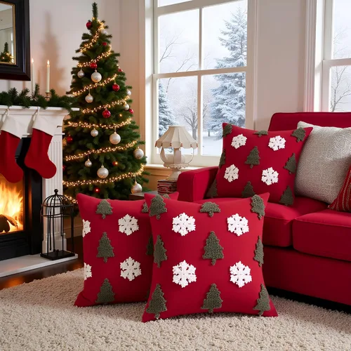 Vista 6 de Juego de 2 fundas de almohada acolchadas de Navidad de 20 x 20 pulgadas, árbol de Navidad rojo con copo de nieve, funda de almohada para fiesta