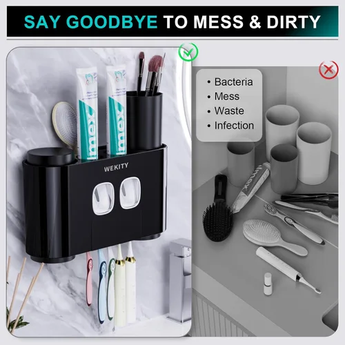 Vista 4 de Portacepillos de Dientes, Portacepillos de Dientes Multifuncional Montado en Pared, Dispensador de Pasta de Dientes para Baño con 2 Exprimidores