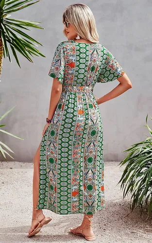 Vista 5 de CCTOO Vestido largo de verano para mujer, estilo casual, bohemio, floral, cuello en V, manga corta, con volantes, con abertura, vestido largo