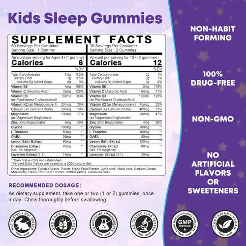 Vista 2 de Gomitas para dormir para niños, sin melatonina, gomitas para ayudar a dormir con magnesio y calcio, zinc, glicina, L-teanina, GABA, vitamina D3 K2