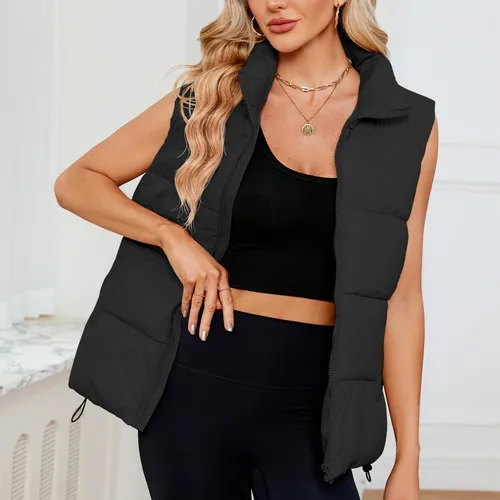 Vista 2 de Century Star Chaleco acolchado para mujer, ropa de abrigo, chaleco acolchado de gran tamaño 2024, chaquetas con bolsillos Negro
