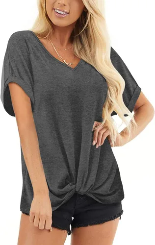 Vista 3 de Bofell Camisetas de manga corta enrolladas con cuello en V para mujer, blusas de verano con nudo frontal